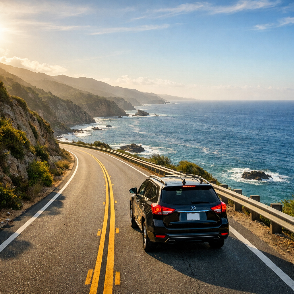 Carro em Viagem na Estrada com Vista ao Mar-1