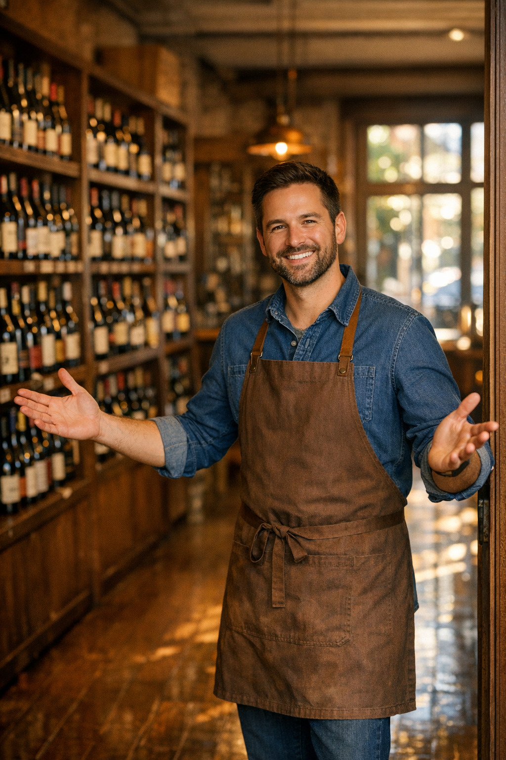 Wine Store Worker with Open Arms